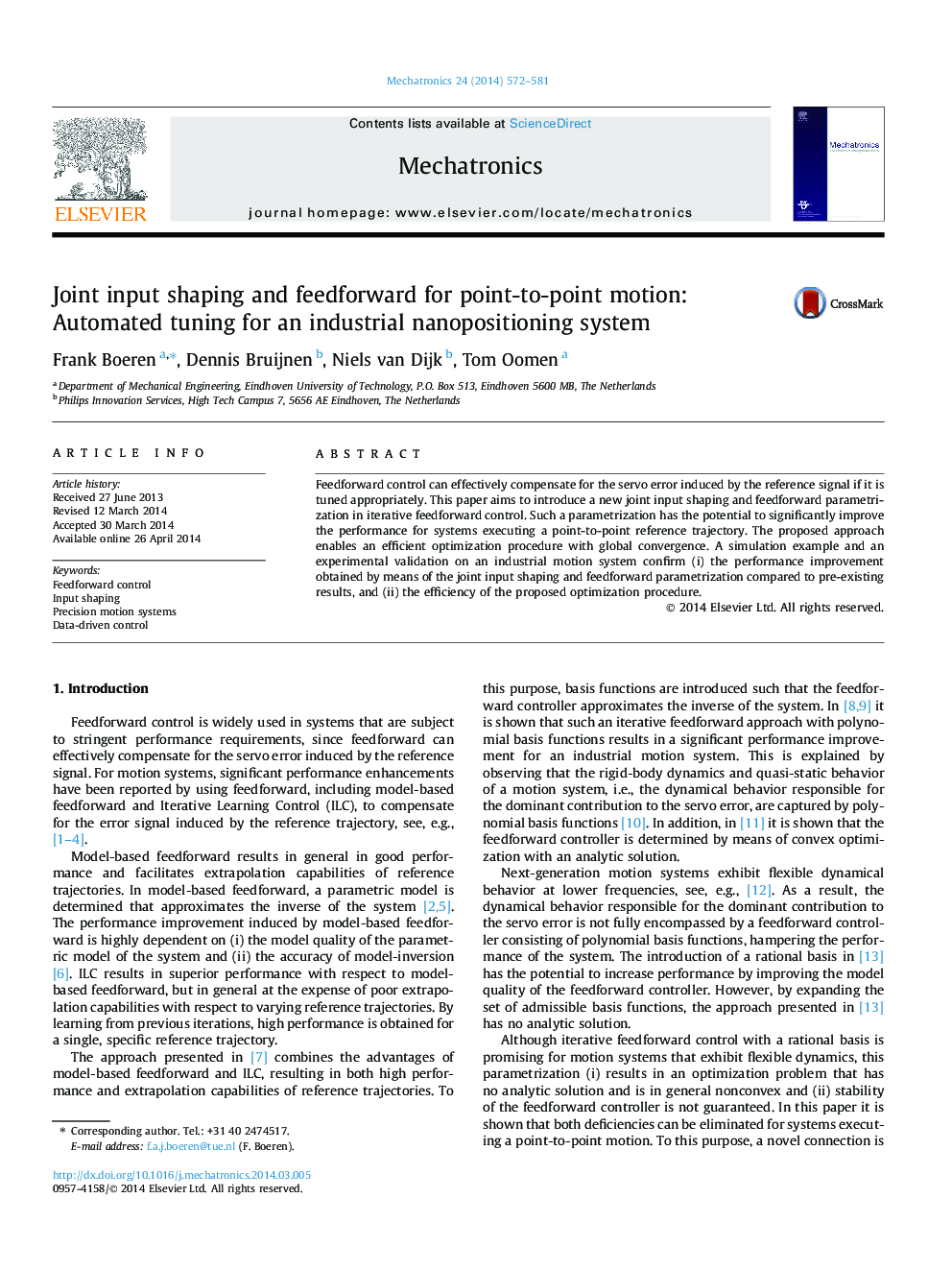 Joint input shaping and feedforward for point-to-point motion: Automated tuning for an industrial nanopositioning system