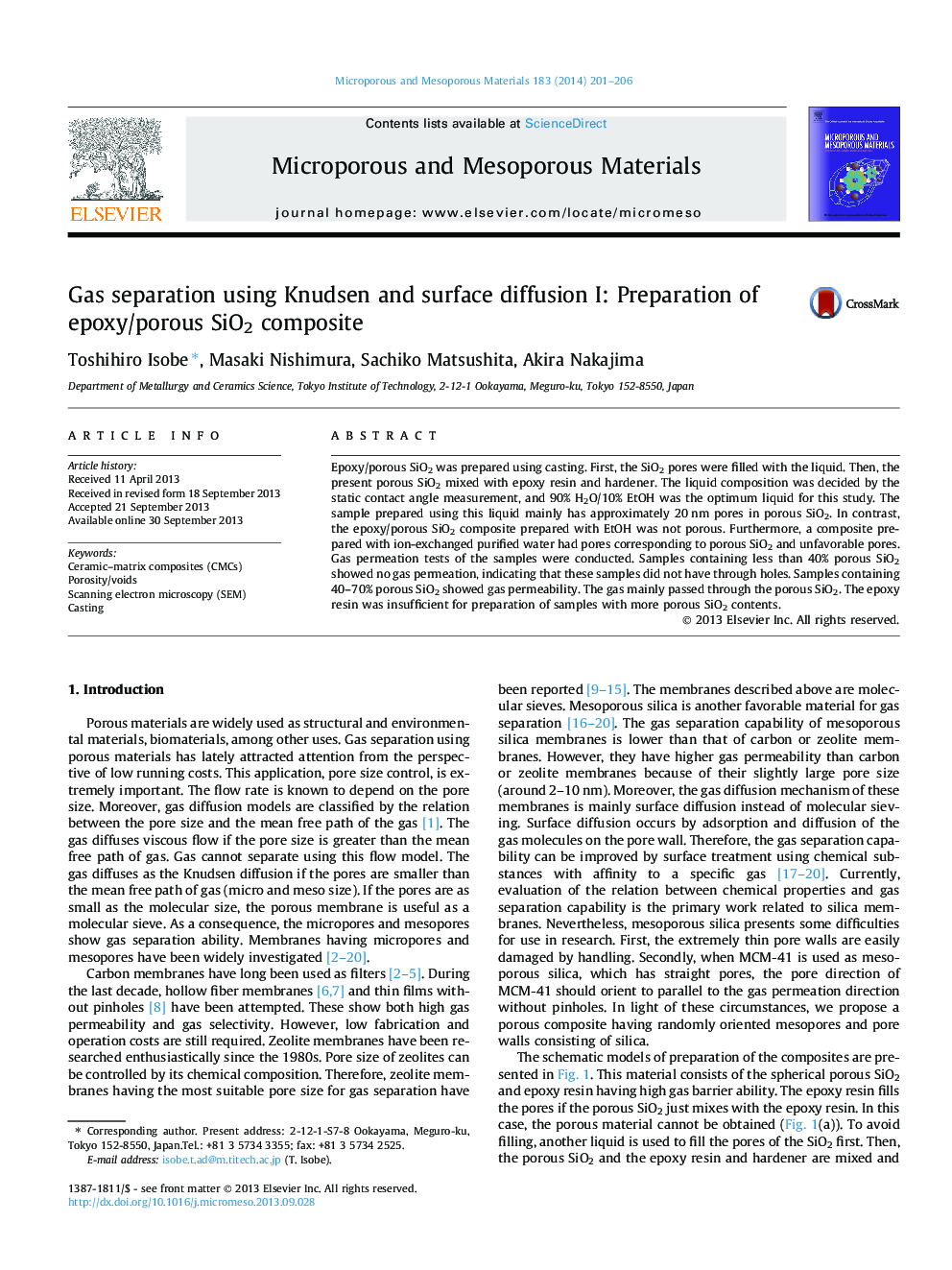 Gas separation using Knudsen and surface diffusion I: Preparation of epoxy/porous SiO2 composite