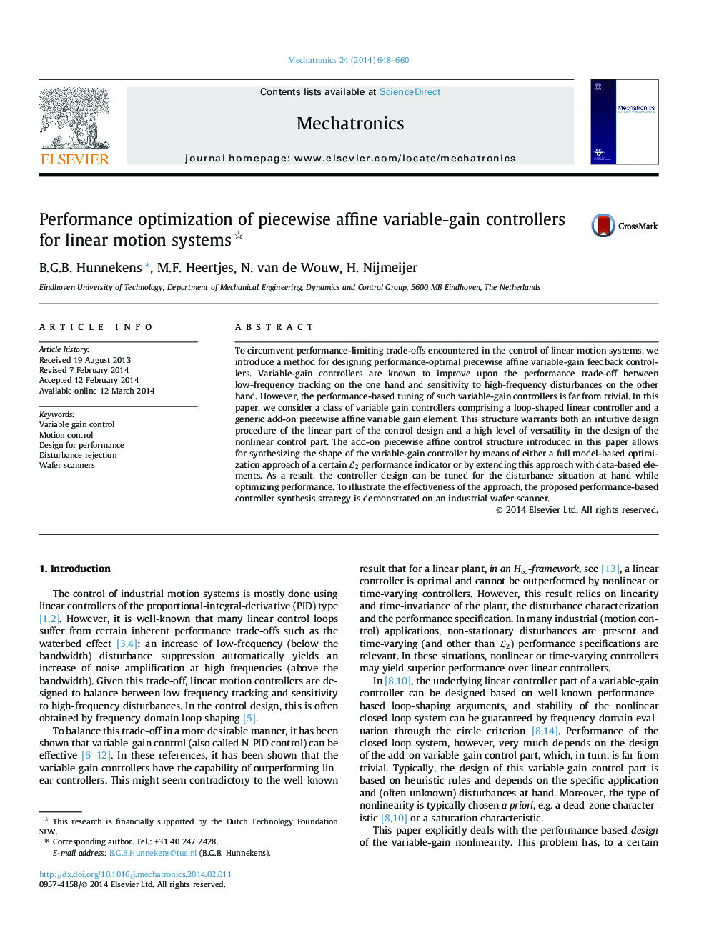 Performance optimization of piecewise affine variable-gain controllers for linear motion systems 