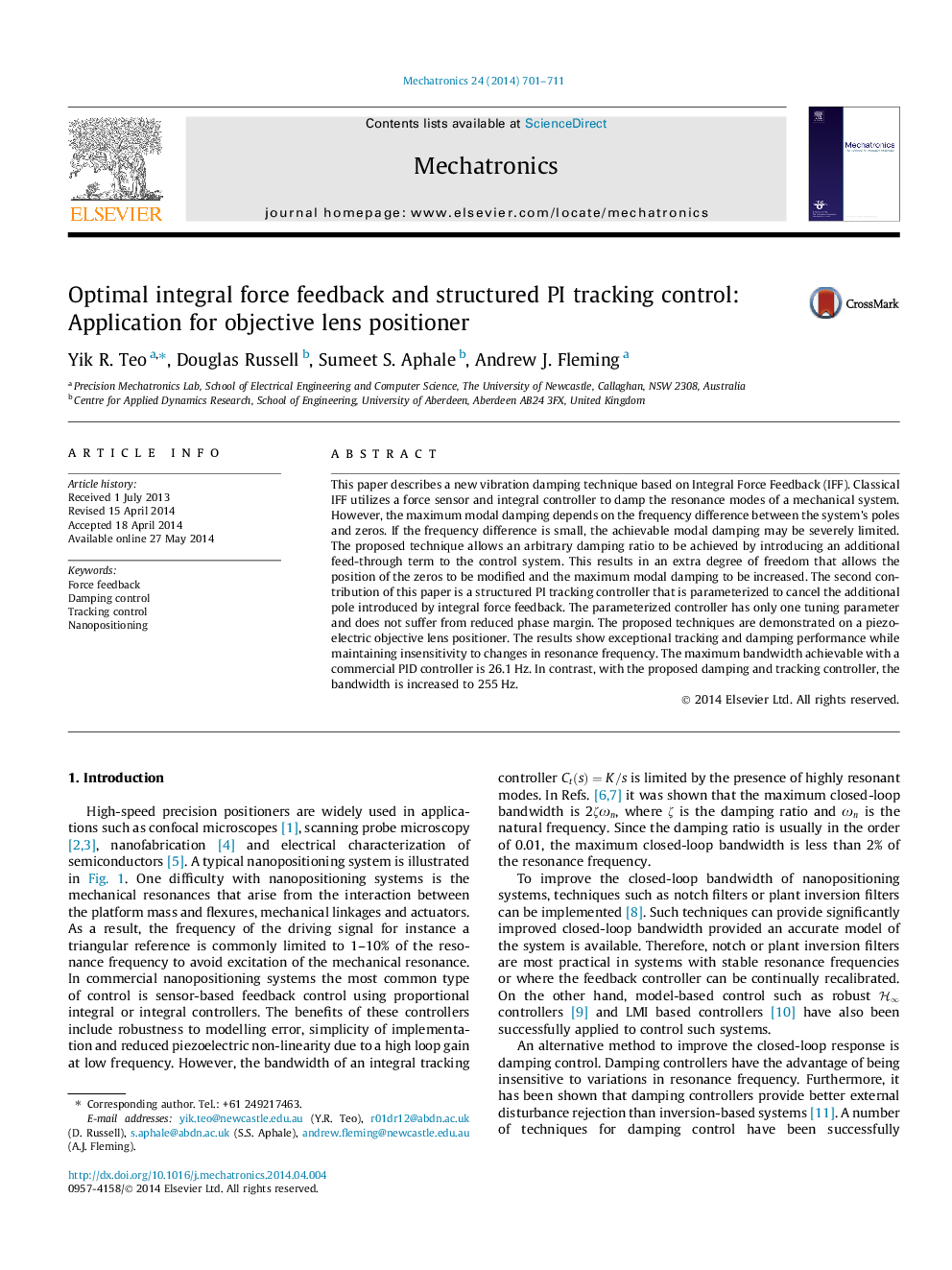 Optimal integral force feedback and structured PI tracking control: Application for objective lens positioner