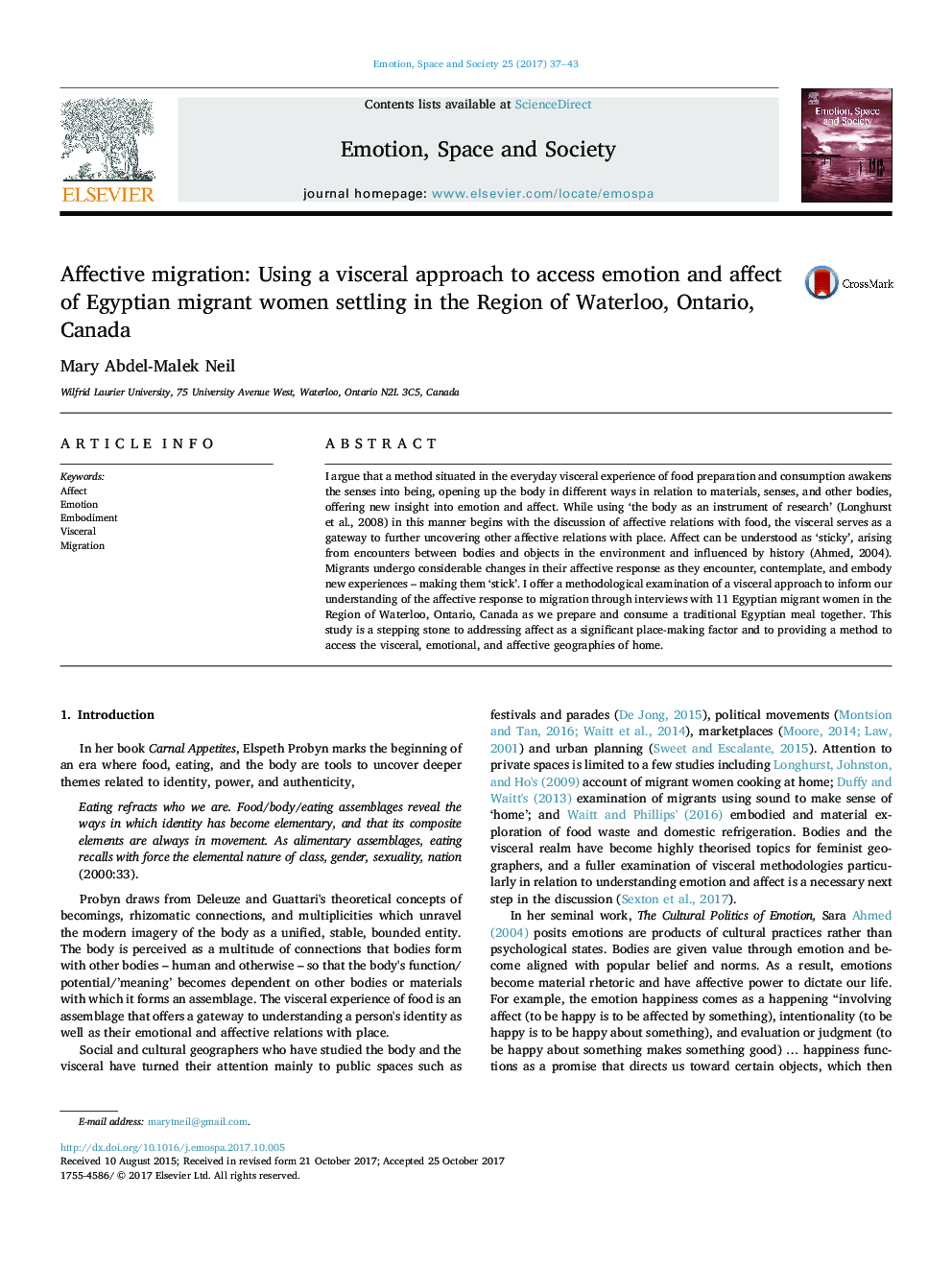 Affective migration: Using a visceral approach to access emotion and affect of Egyptian migrant women settling in the Region of Waterloo, Ontario, Canada
