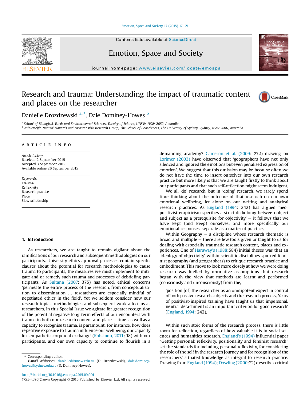 Research and trauma: Understanding the impact of traumatic content and places on the researcher