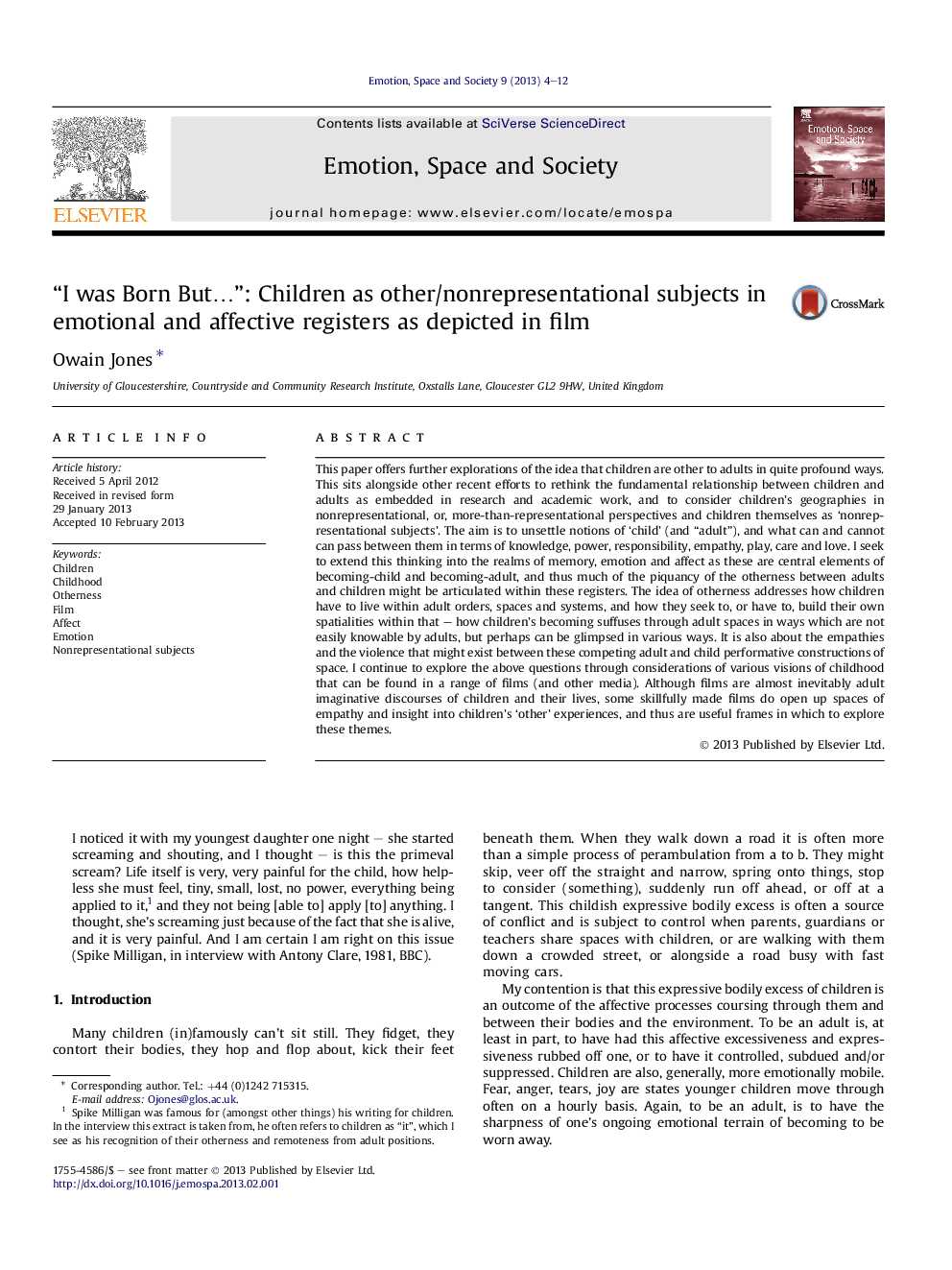 “I was Born Butâ¦”: Children as other/nonrepresentational subjects in emotional and affective registers as depicted in film