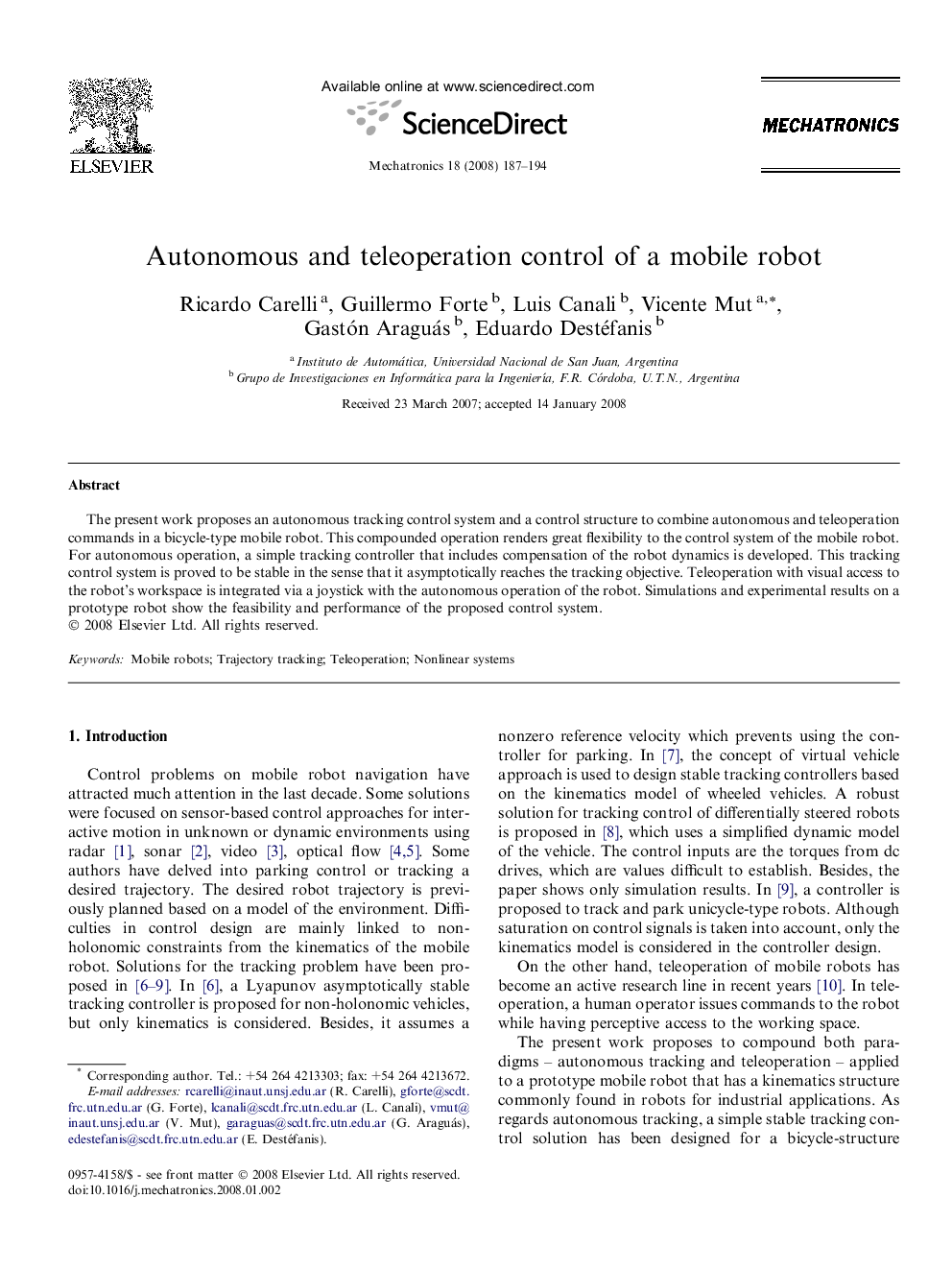 Autonomous and teleoperation control of a mobile robot