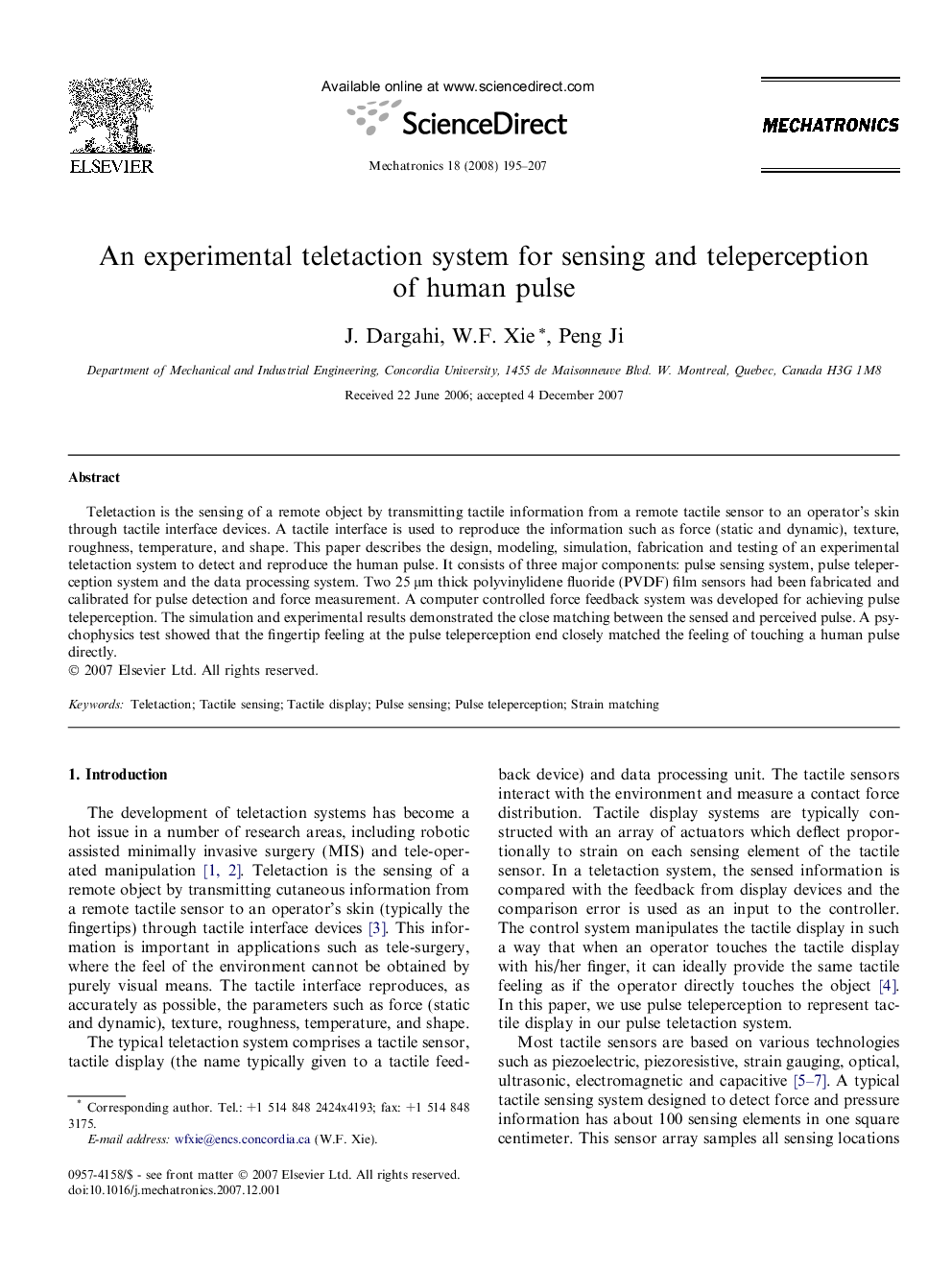 An experimental teletaction system for sensing and teleperception of human pulse