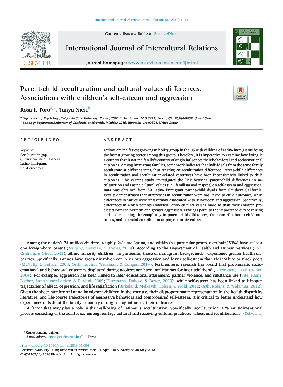 Parent-child acculturation and cultural values differences: Associations with children's self-esteem and aggression