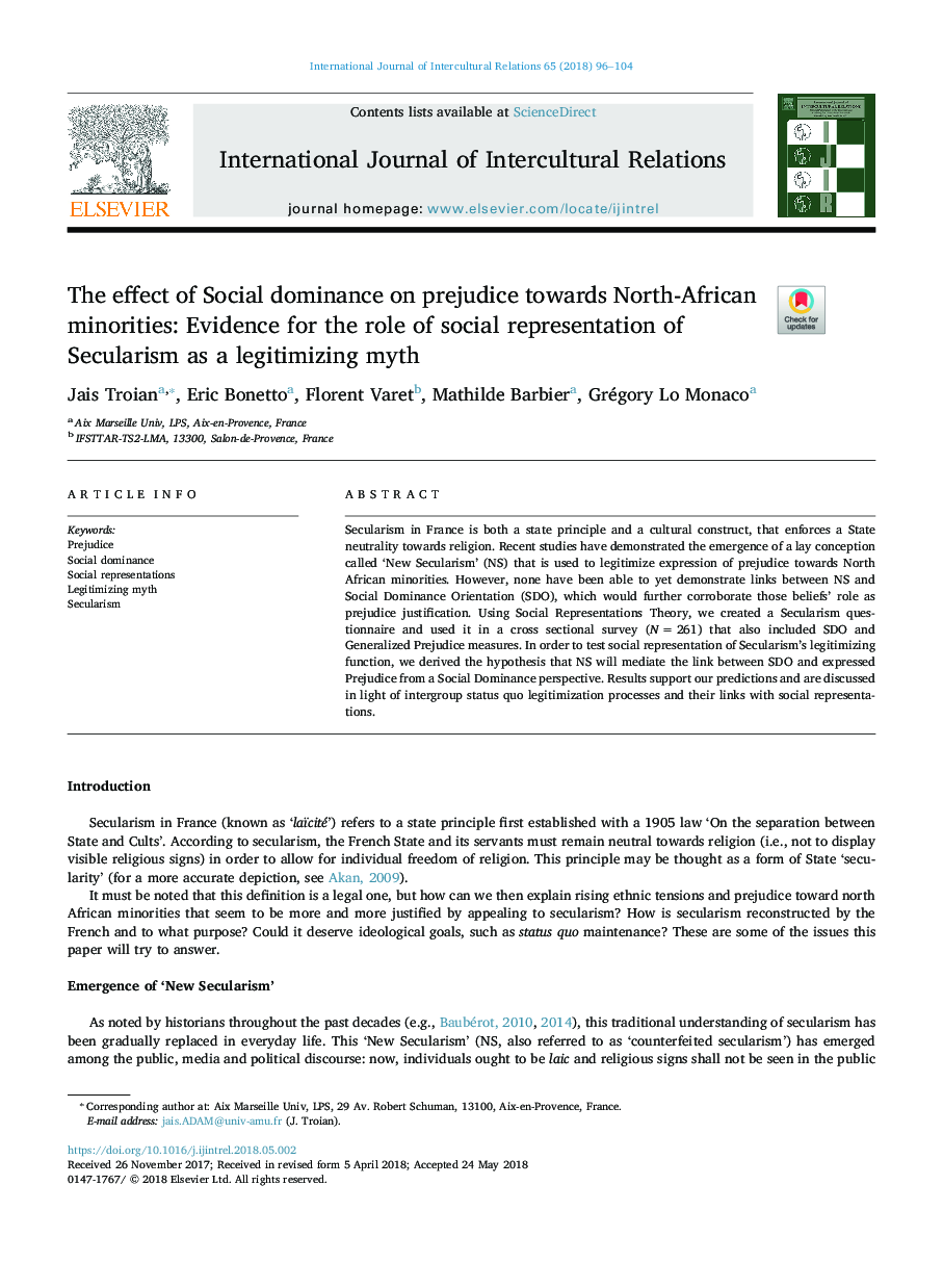 تأثیر سلطه اجتماعی بر تعصب علیه اقلیت های شمالی آفریقایی: شواهدی برای نقش نمایندگی اجتماعی سکولاریسم به عنوان یک اسطوره قانونی 
