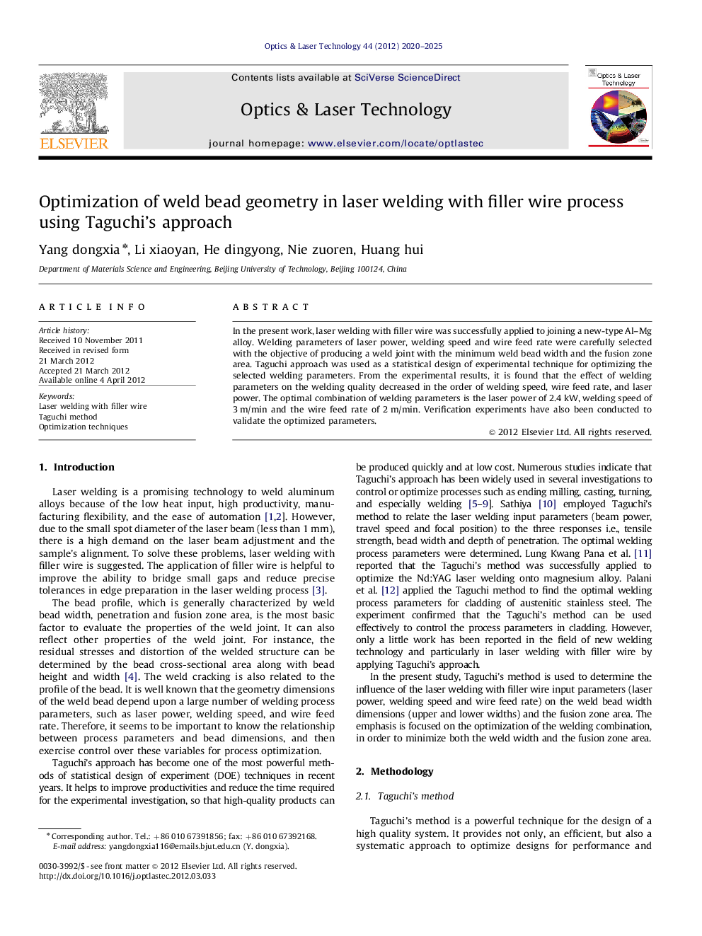 Optimization of weld bead geometry in laser welding with filler wire process using Taguchi’s approach