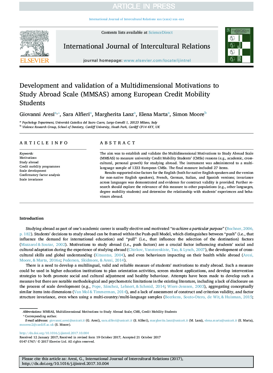 عکس صفحه اول مقاله: Development and validation of a Multidimensional Motivations to Study Abroad Scale (MMSAS) among European Credit Mobility Students Development and validation of a Multidimensional Motivations to Study Abroad Scale (MMSAS) among European Credit Mobility Students
