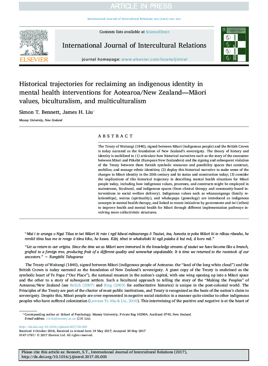 Historical trajectories for reclaiming an indigenous identity in mental health interventions for Aotearoa/New Zealand-MÄori values, biculturalism, and multiculturalism