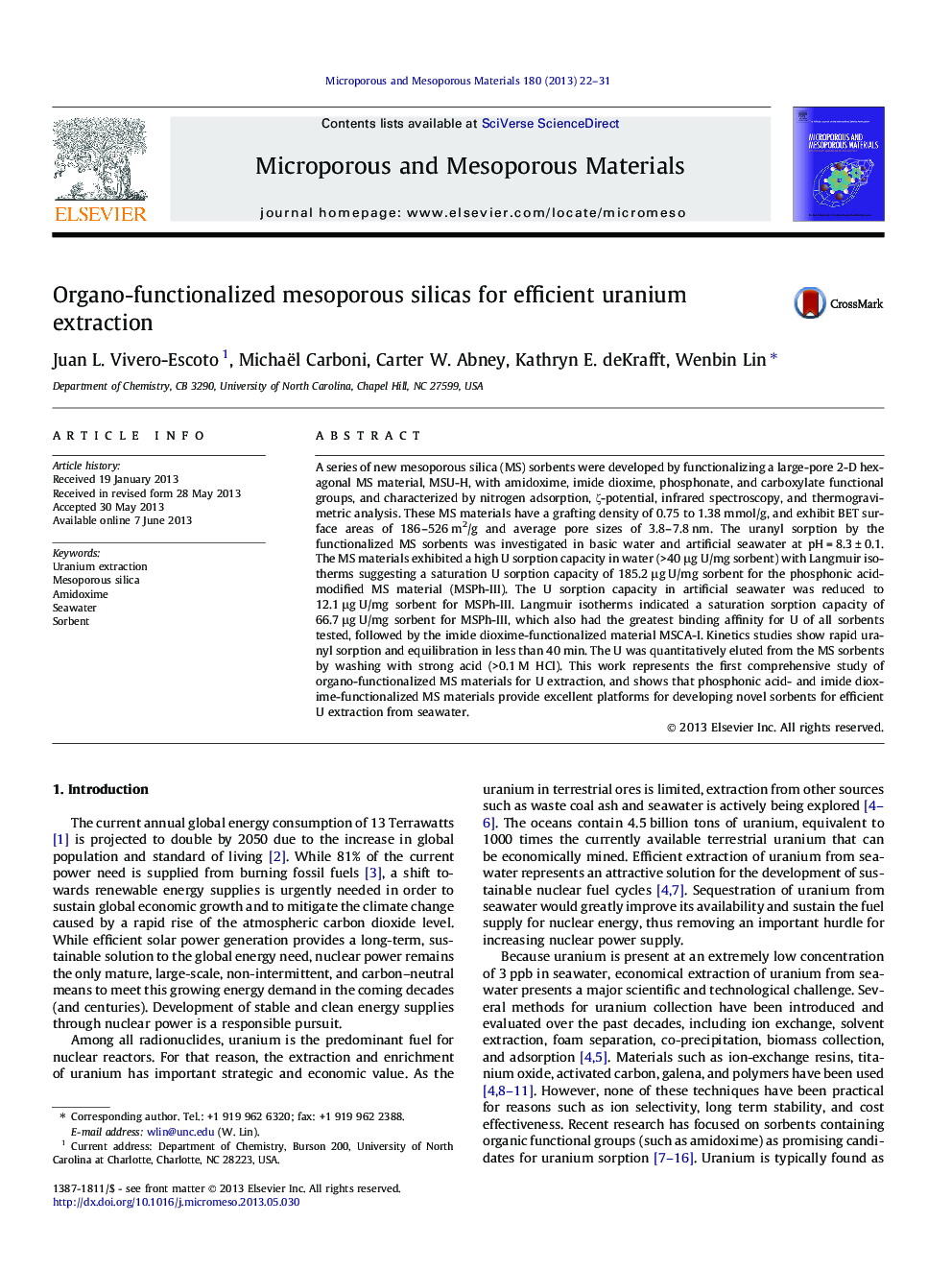 عکس صفحه اول مقاله: Organo-functionalized mesoporous silicas for efficient uranium extraction Organo-functionalized mesoporous silicas for efficient uranium extraction