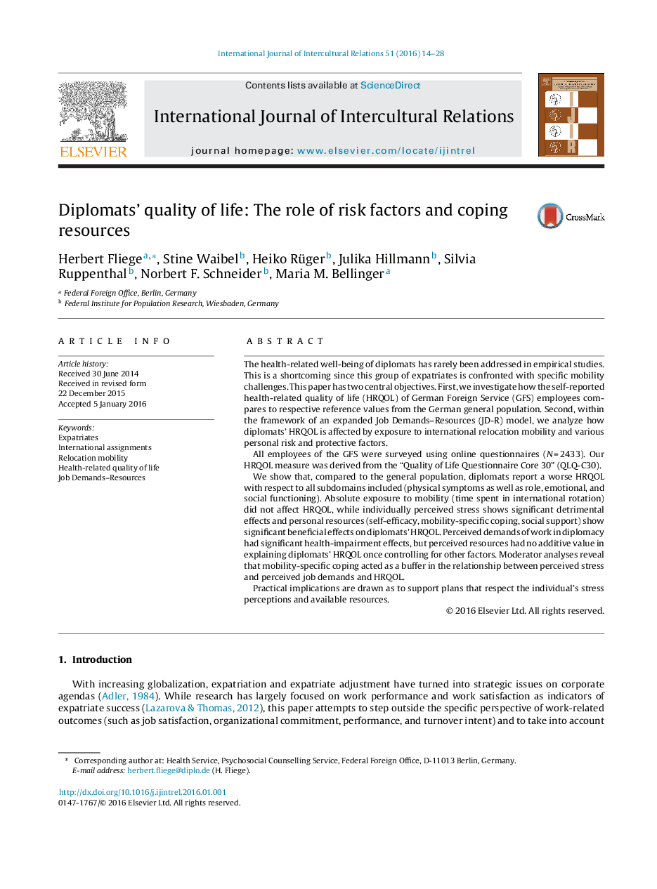 Diplomats' quality of life: The role of risk factors and coping resources