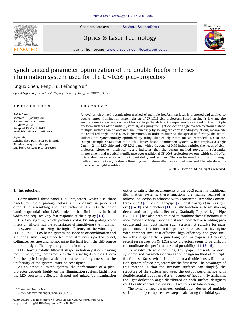 Synchronized parameter optimization of the double freeform lenses illumination system used for the CF-LCoS pico-projectors
