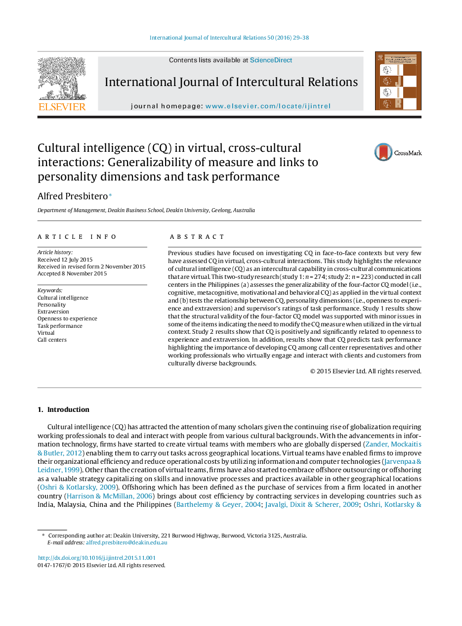 Cultural intelligence (CQ) in virtual, cross-cultural interactions: Generalizability of measure and links to personality dimensions and task performance