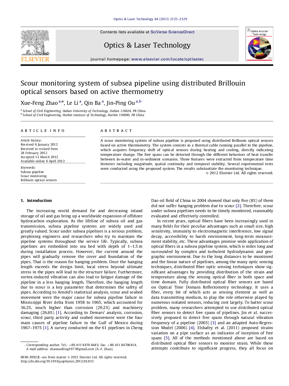 Scour monitoring system of subsea pipeline using distributed Brillouin optical sensors based on active thermometry