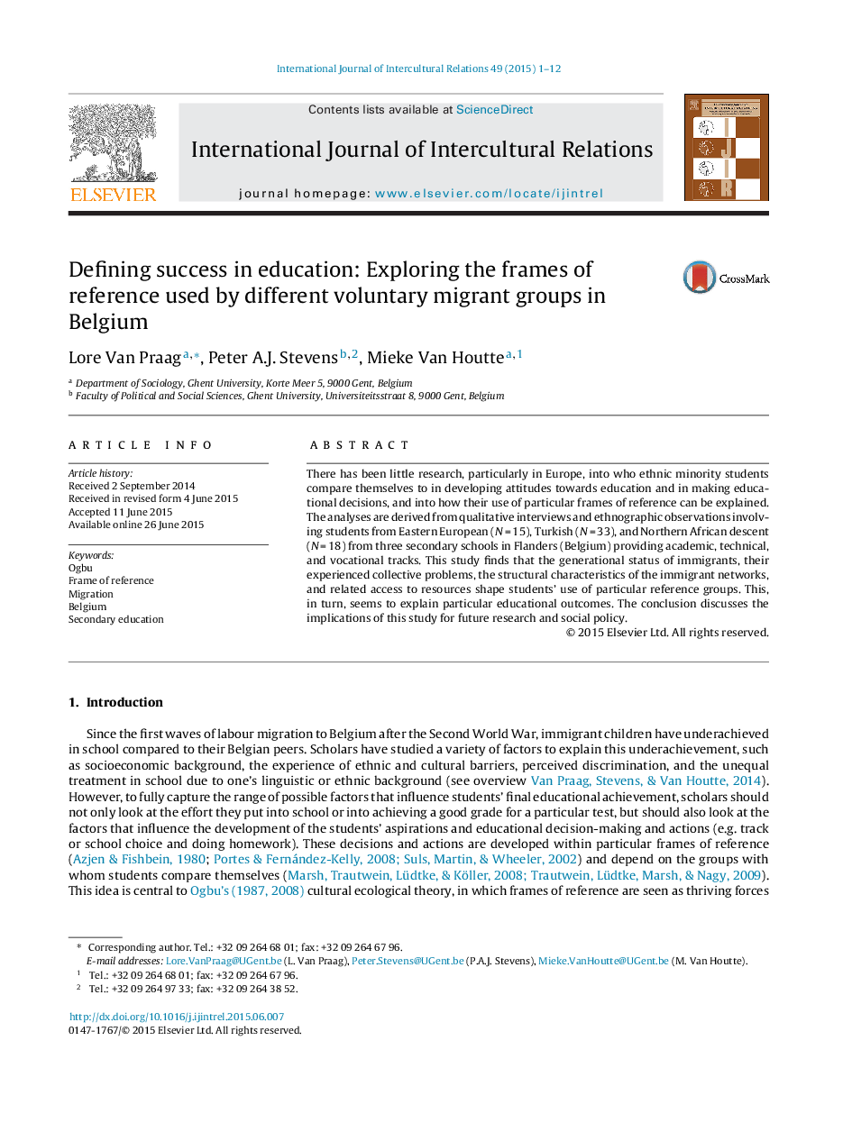 Defining success in education: Exploring the frames of reference used by different voluntary migrant groups in Belgium