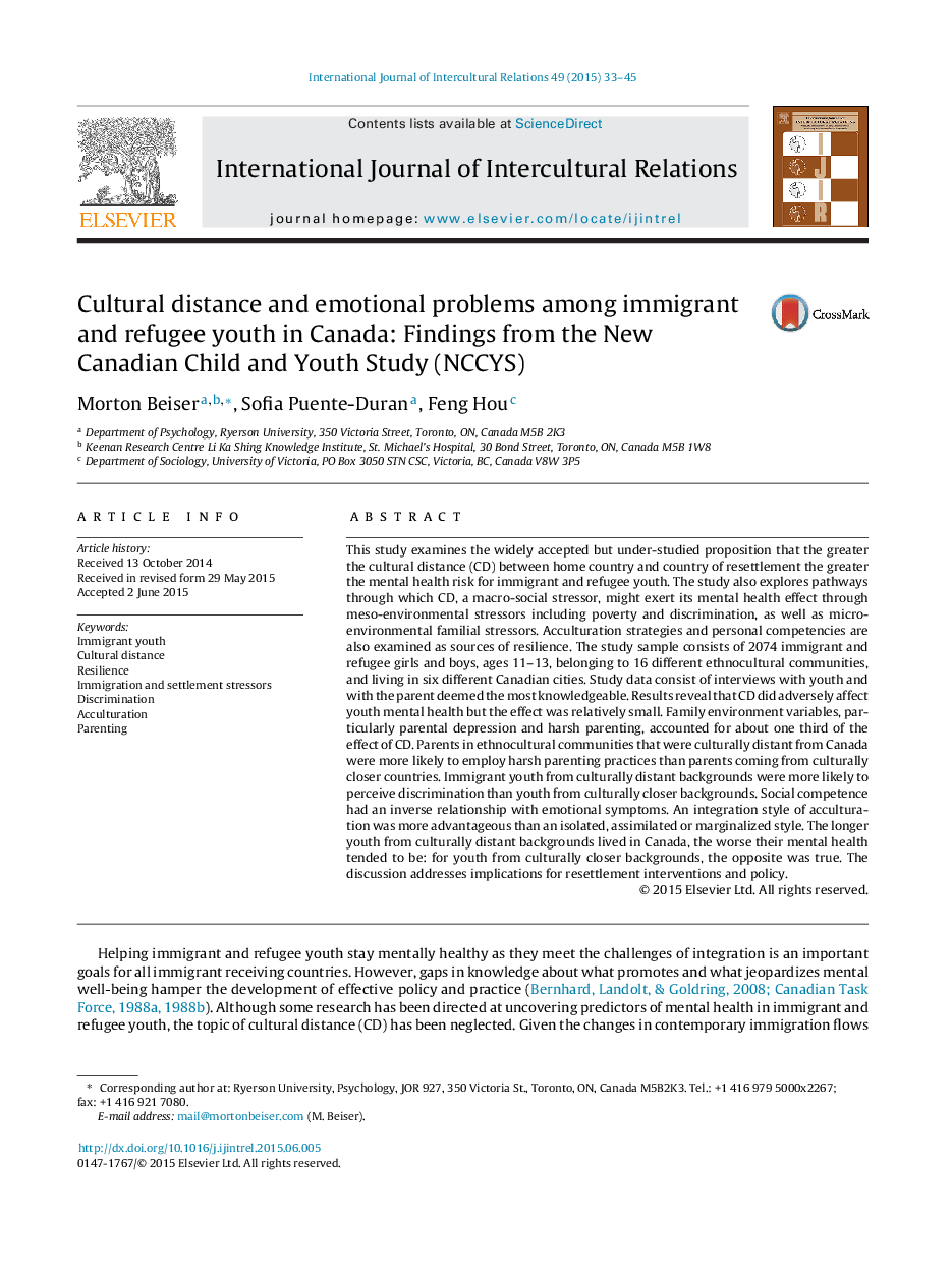 Cultural distance and emotional problems among immigrant and refugee youth in Canada: Findings from the New Canadian Child and Youth Study (NCCYS)