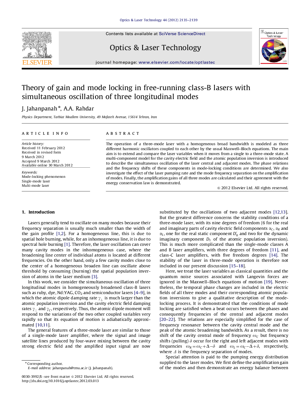 Theory of gain and mode locking in free-running class-B lasers with simultaneous oscillation of three longitudinal modes