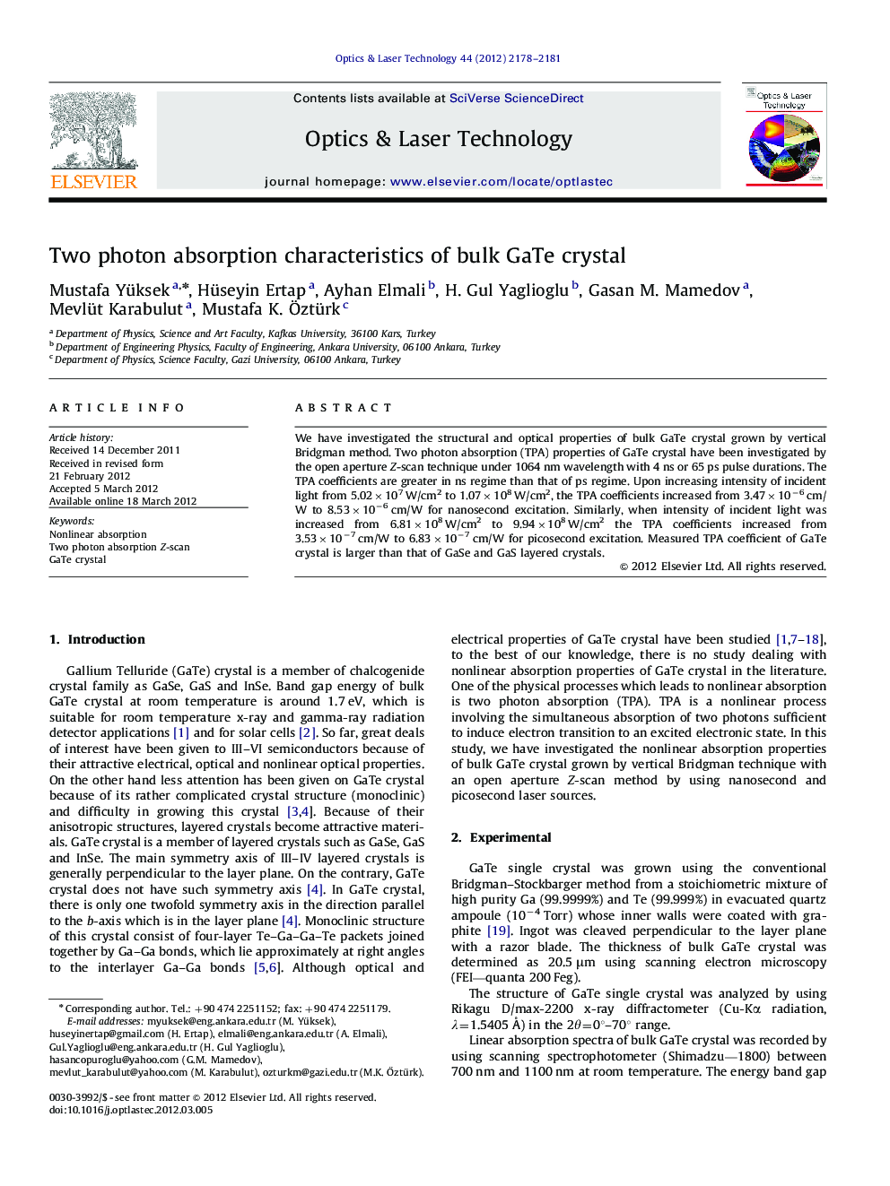 Two photon absorption characteristics of bulk GaTe crystal