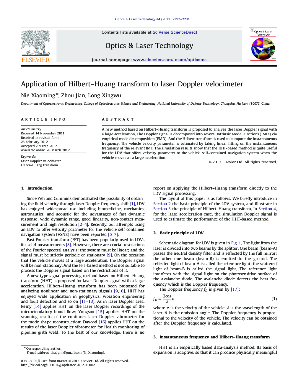 Application of Hilbert–Huang transform to laser Doppler velocimeter