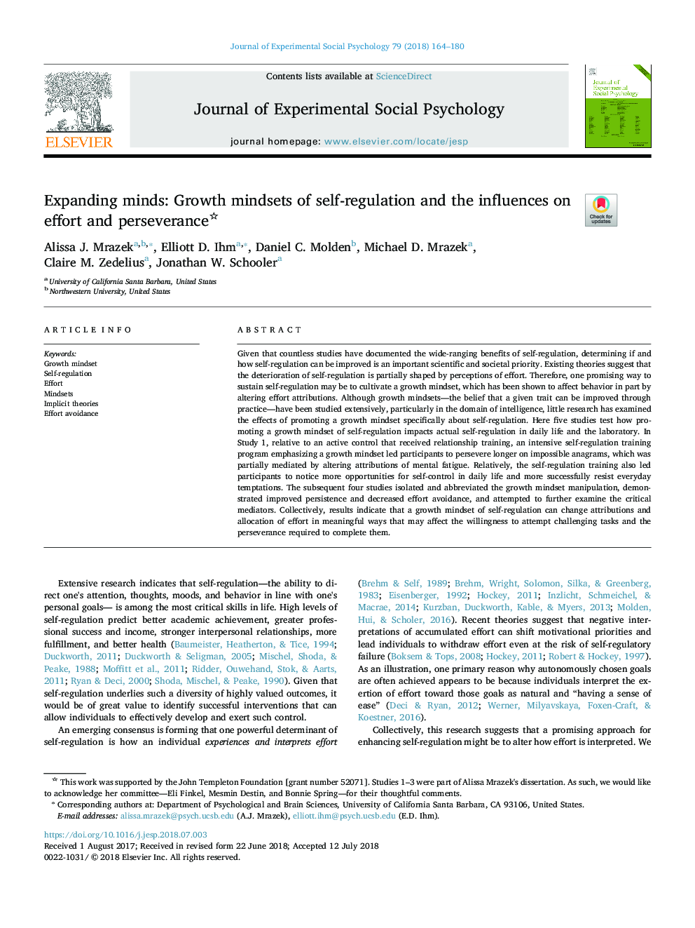 Expanding minds: Growth mindsets of self-regulation and the influences on effort and perseverance