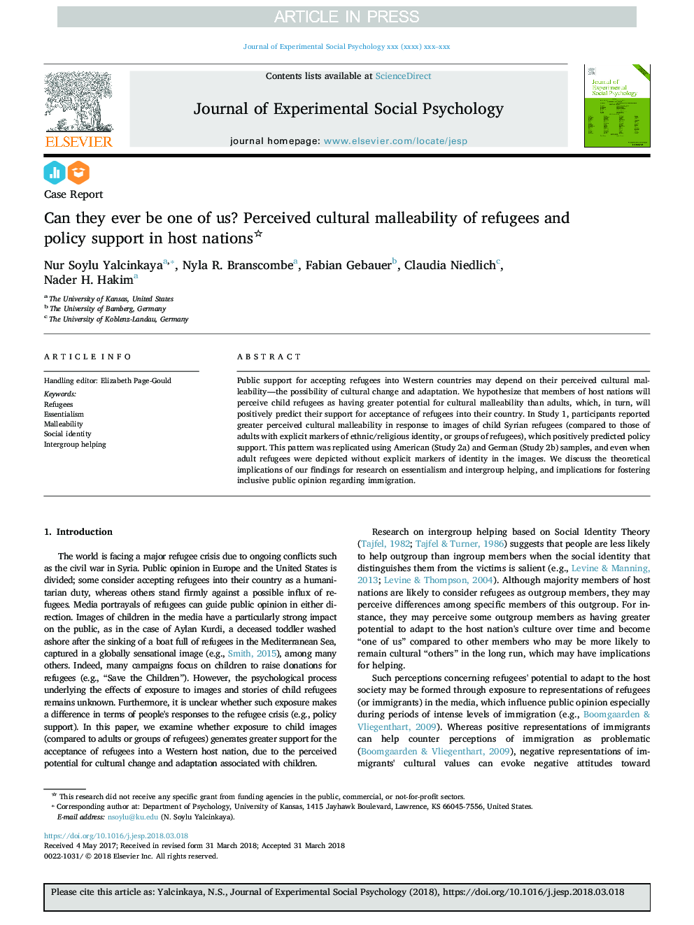 Can they ever be one of us? Perceived cultural malleability of refugees and policy support in host nations