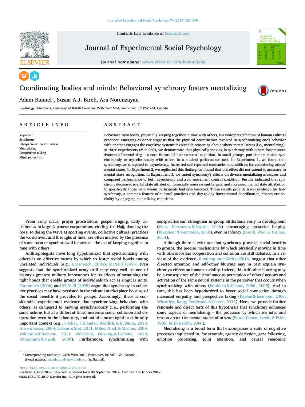 Coordinating bodies and minds: Behavioral synchrony fosters mentalizing