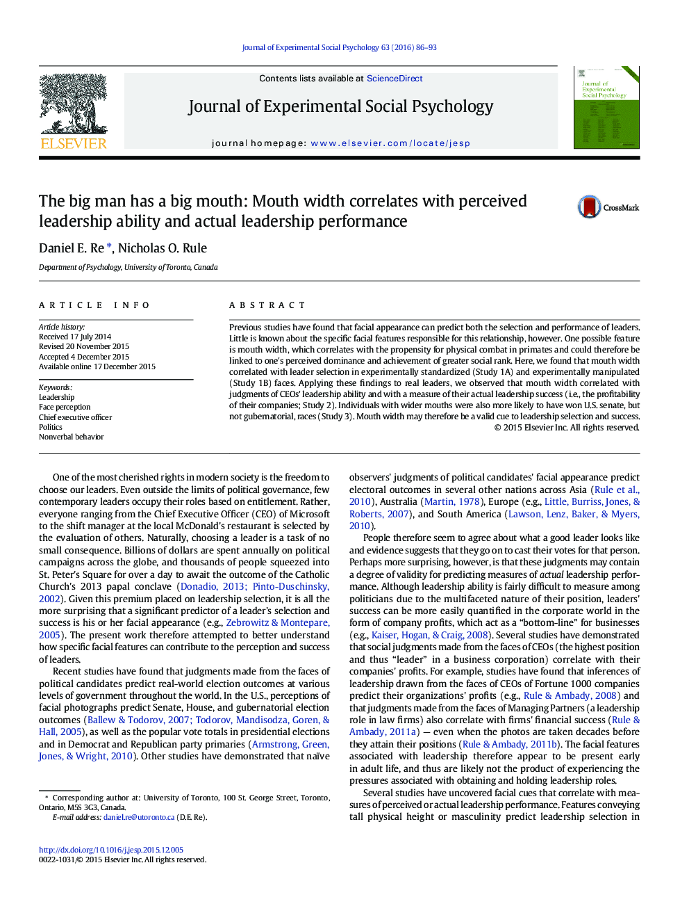 The big man has a big mouth: Mouth width correlates with perceived leadership ability and actual leadership performance