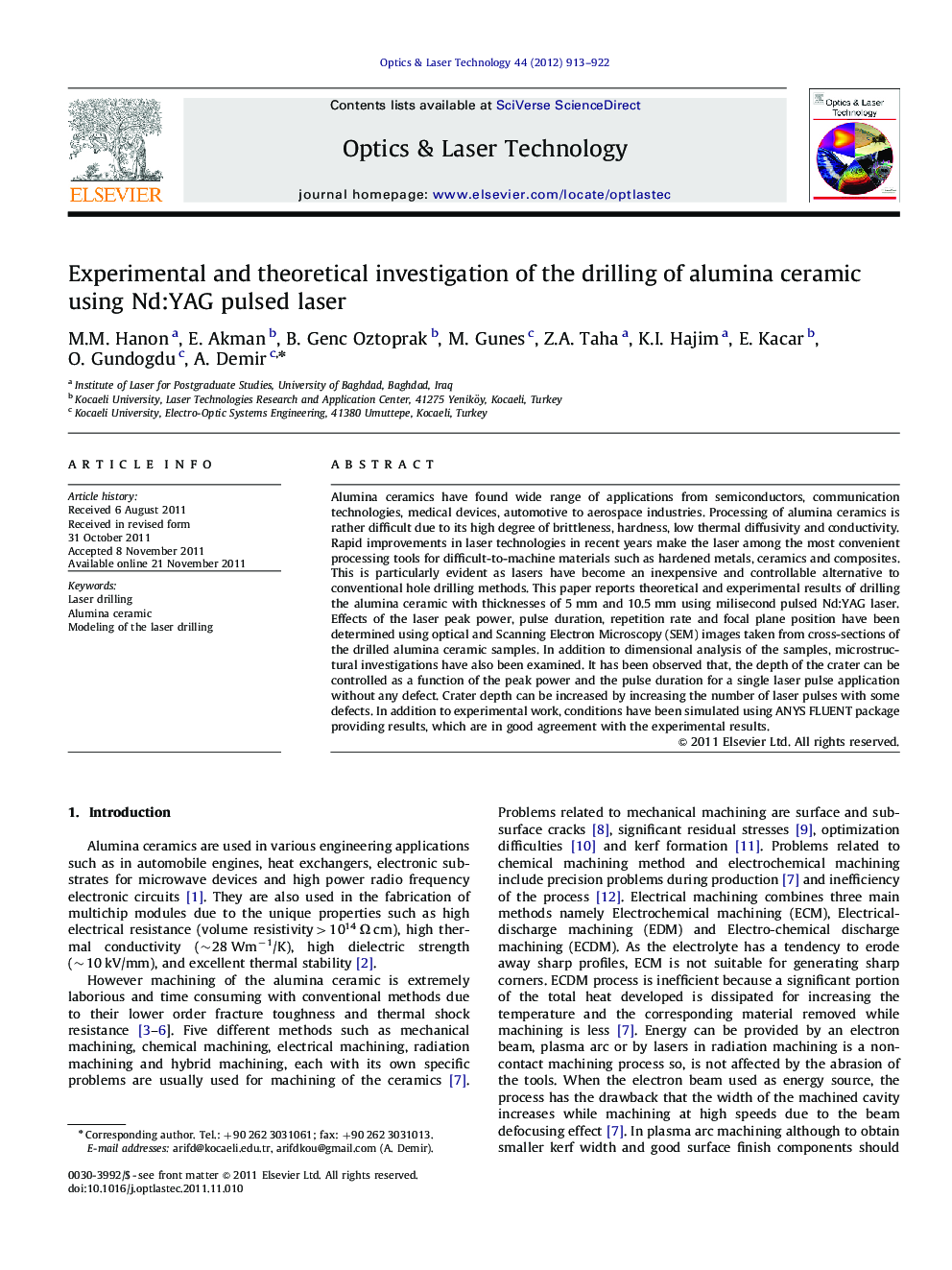 Experimental and theoretical investigation of the drilling of alumina ceramic using Nd:YAG pulsed laser