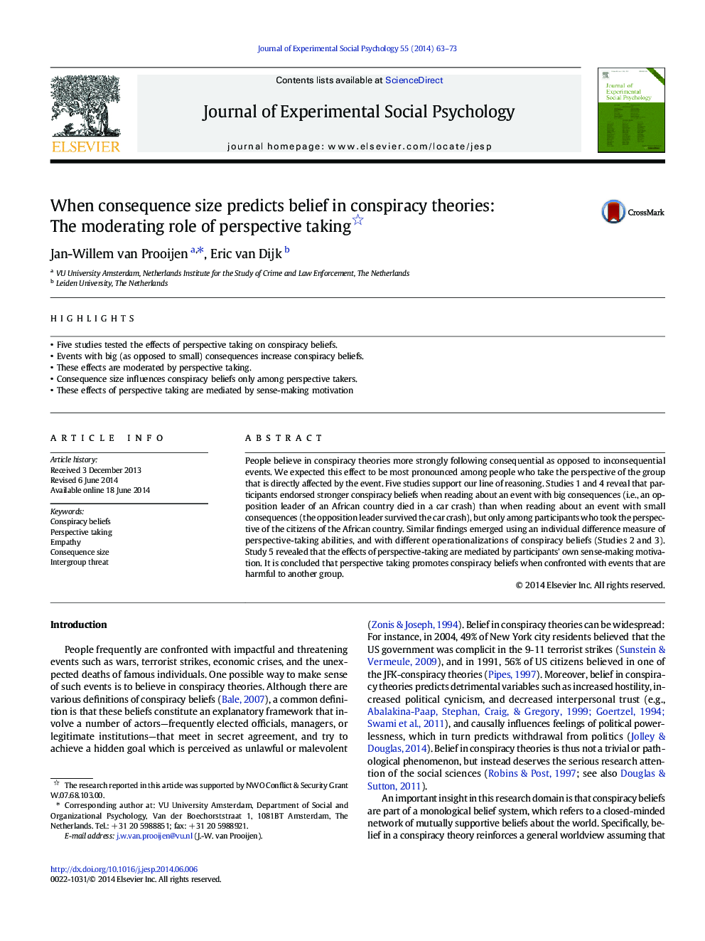 When consequence size predicts belief in conspiracy theories: The moderating role of perspective taking