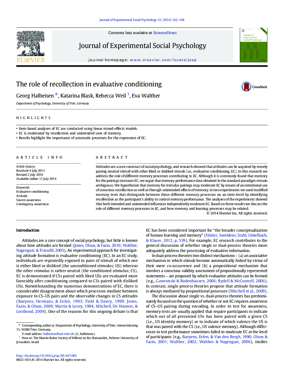 The role of recollection in evaluative conditioning