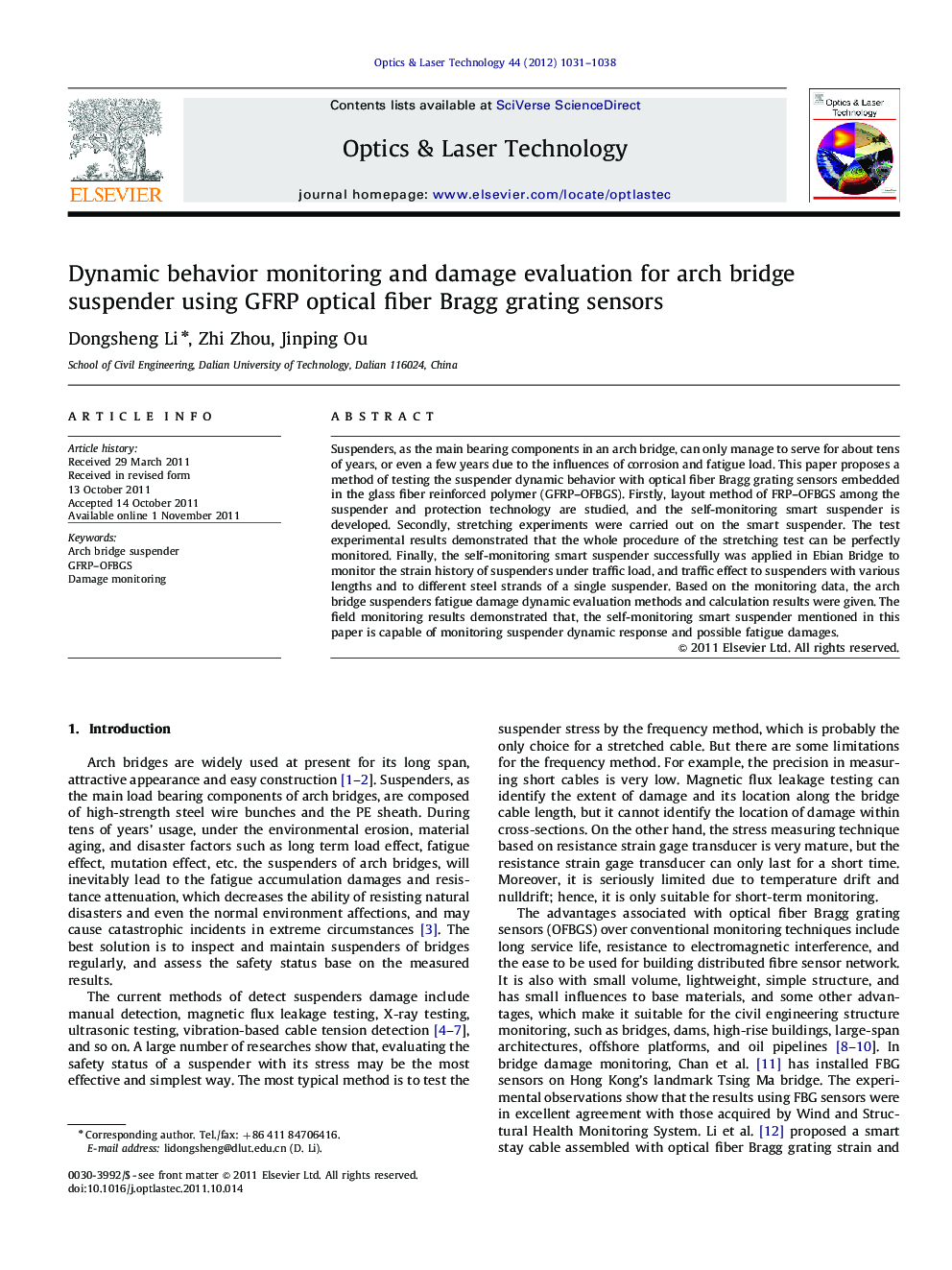 Dynamic behavior monitoring and damage evaluation for arch bridge suspender using GFRP optical fiber Bragg grating sensors