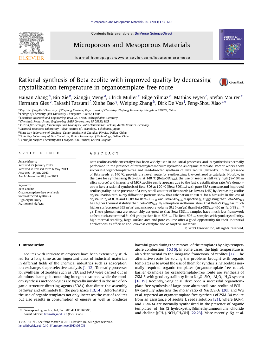 Rational synthesis of Beta zeolite with improved quality by decreasing crystallization temperature in organotemplate-free route