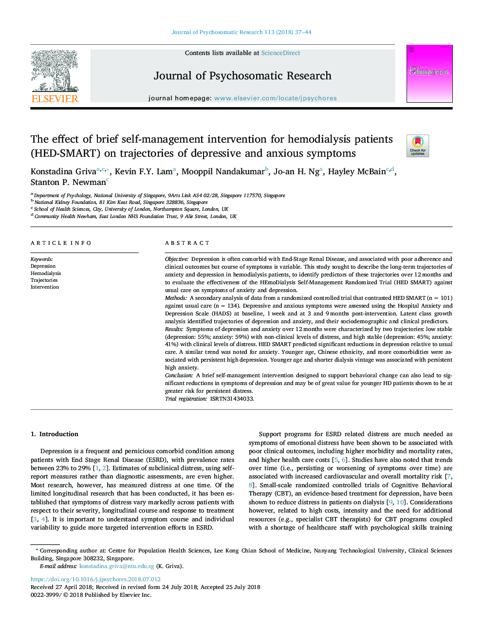 The effect of brief self-management intervention for hemodialysis patients (HED-SMART) on trajectories of depressive and anxious symptoms