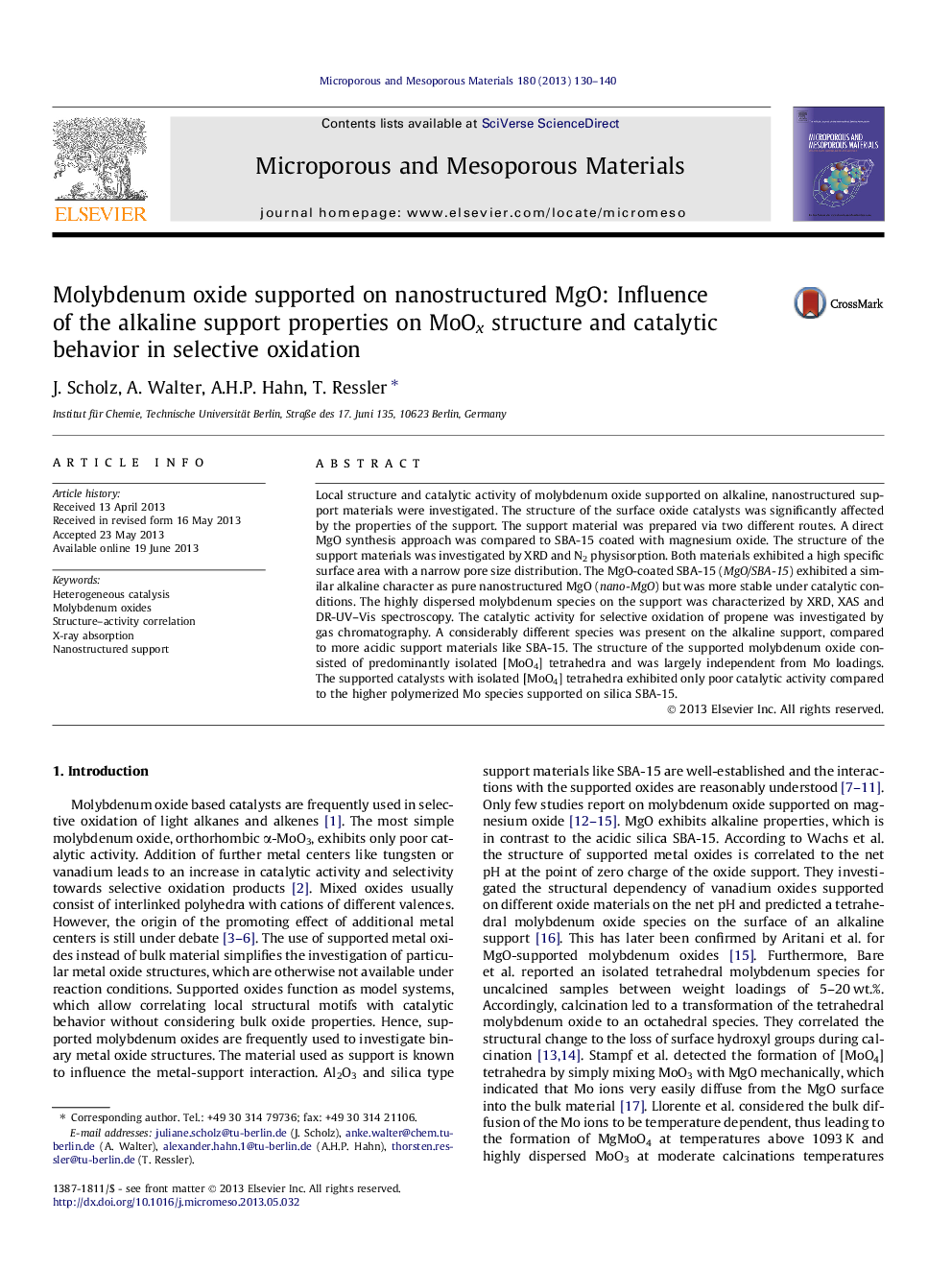 Molybdenum oxide supported on nanostructured MgO: Influence of the alkaline support properties on MoOx structure and catalytic behavior in selective oxidation