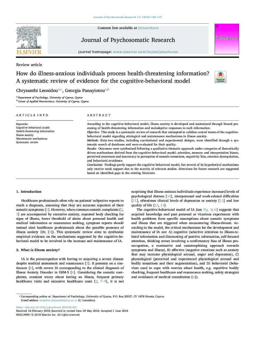 How do illness-anxious individuals process health-threatening information? A systematic review of evidence for the cognitive-behavioral model