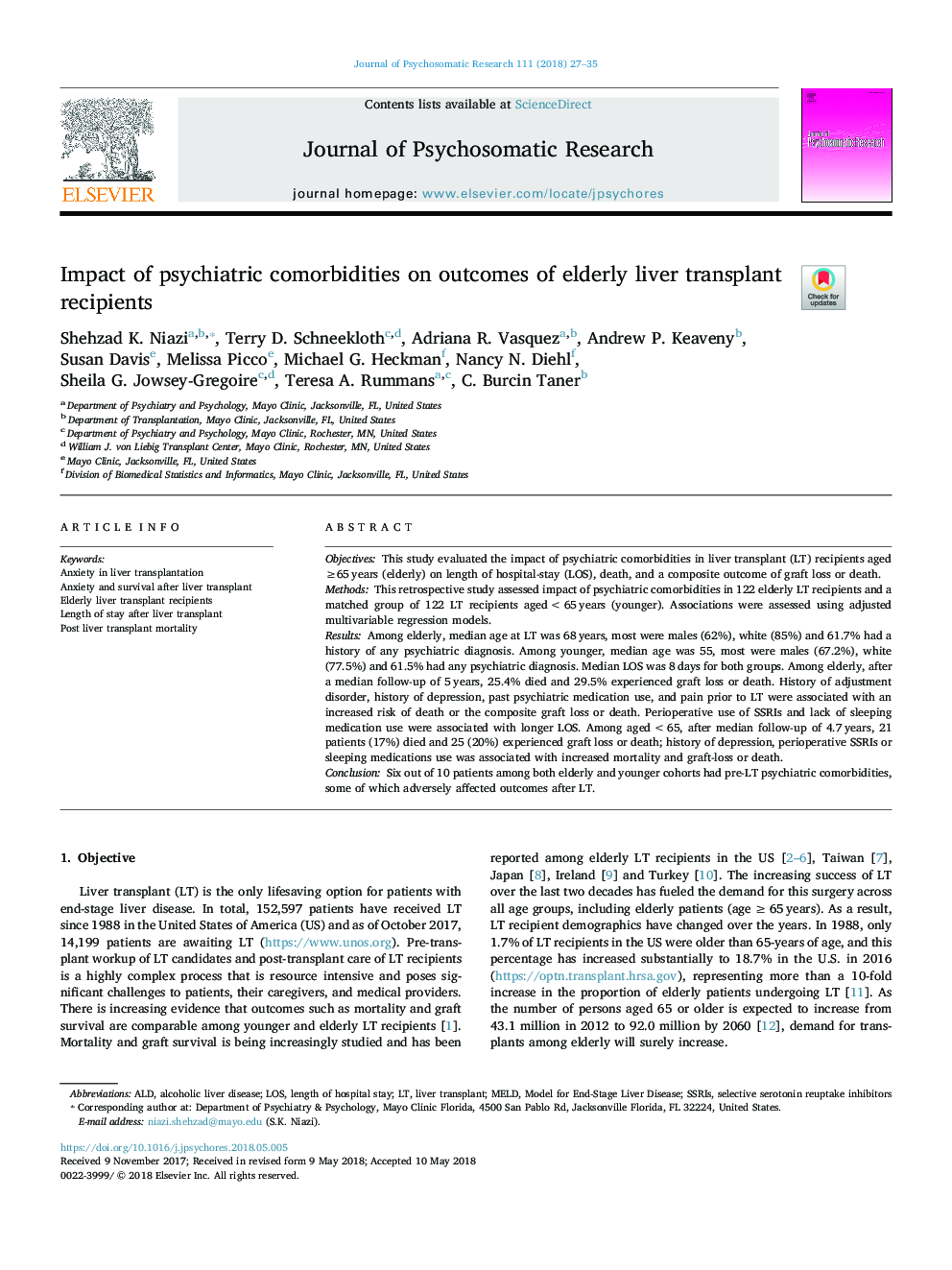 Impact of psychiatric comorbidities on outcomes of elderly liver transplant recipients