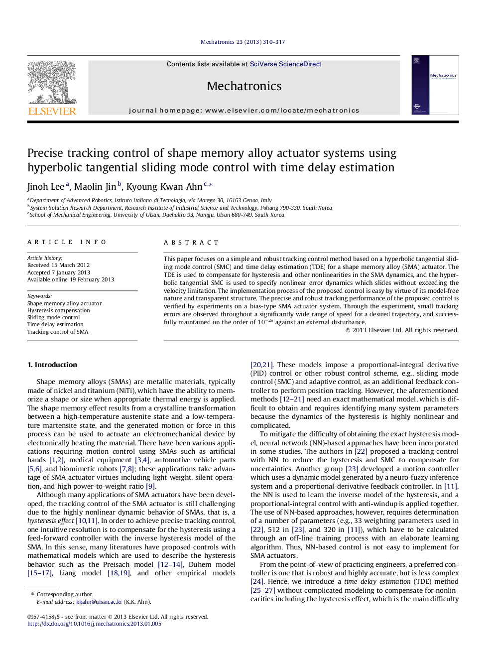 Precise tracking control of shape memory alloy actuator systems using hyperbolic tangential sliding mode control with time delay estimation