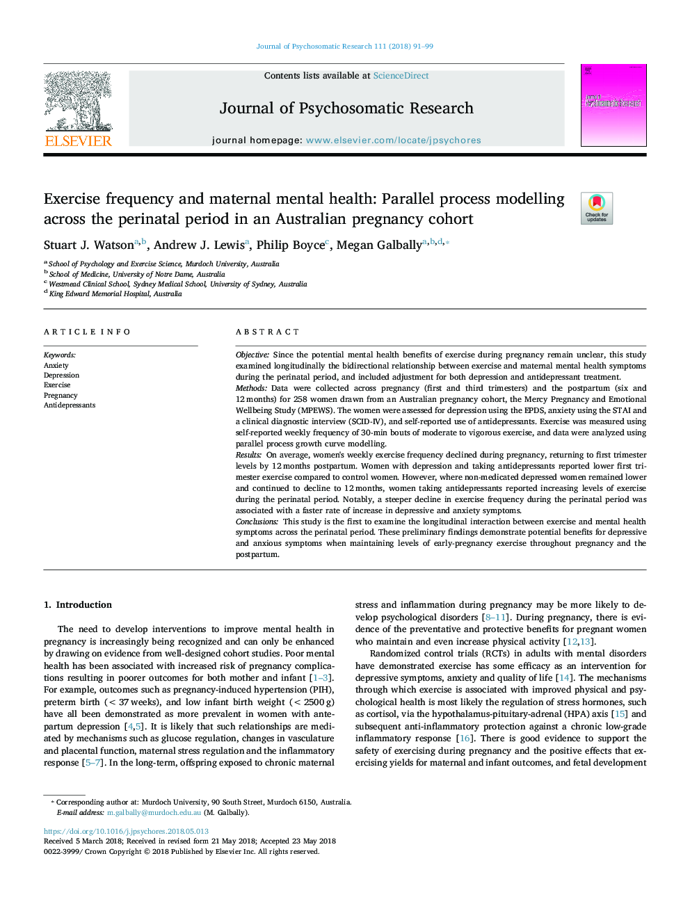 فرکانس ورزش و سلامت روانی مادران: مدلسازی فرایند موازی در دوره پریناتال در یک گروه داوطلب استرالیایی 