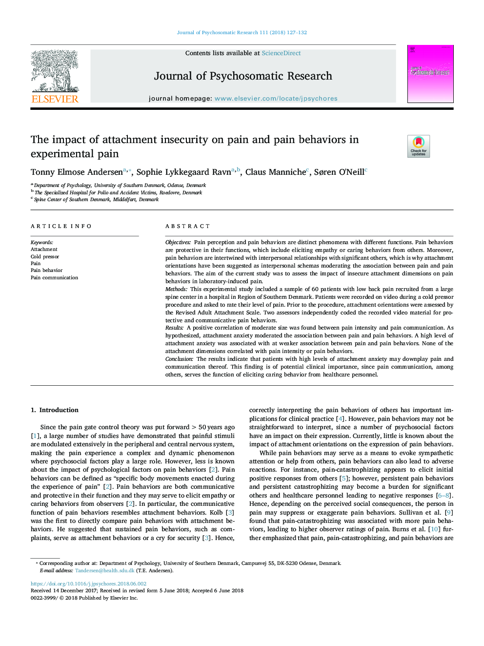 The impact of attachment insecurity on pain and pain behaviors in experimental pain