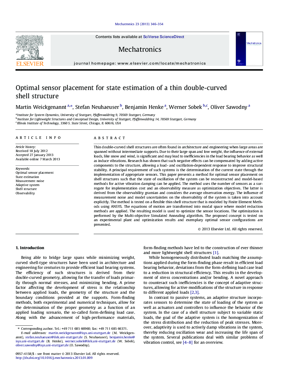 Optimal sensor placement for state estimation of a thin double-curved shell structure