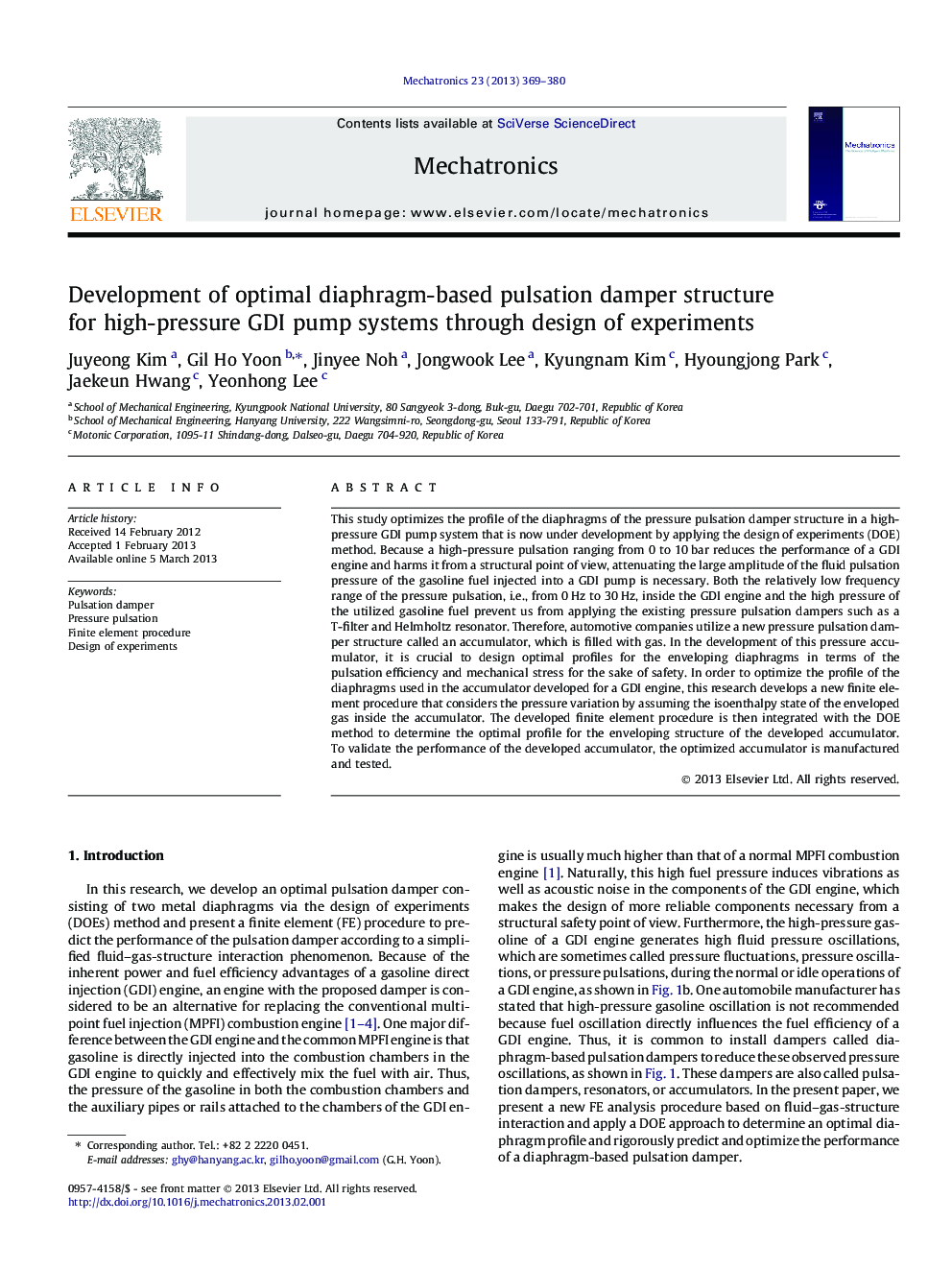 Development of optimal diaphragm-based pulsation damper structure for high-pressure GDI pump systems through design of experiments