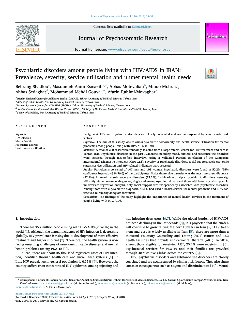 Psychiatric disorders among people living with HIV/AIDS in IRAN: Prevalence, severity, service utilization and unmet mental health needs