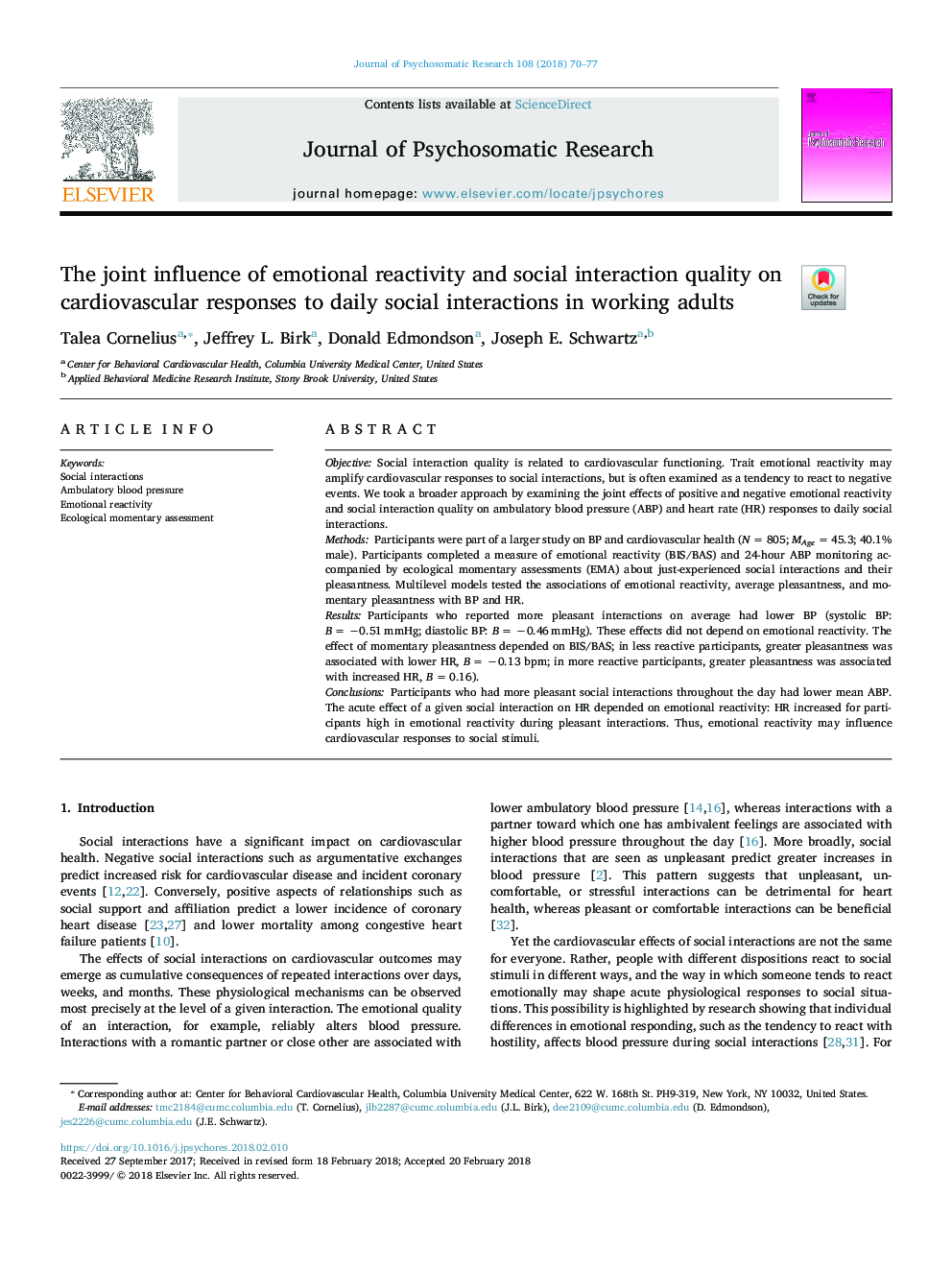 The joint influence of emotional reactivity and social interaction quality on cardiovascular responses to daily social interactions in working adults