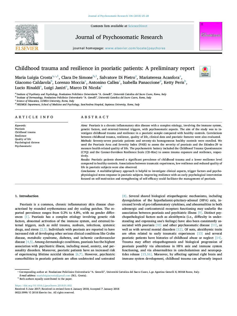 ترومای کودکان و انعطاف پذیری در بیماران مبتلا به پسوریازیس: یک گزارش اولیه 