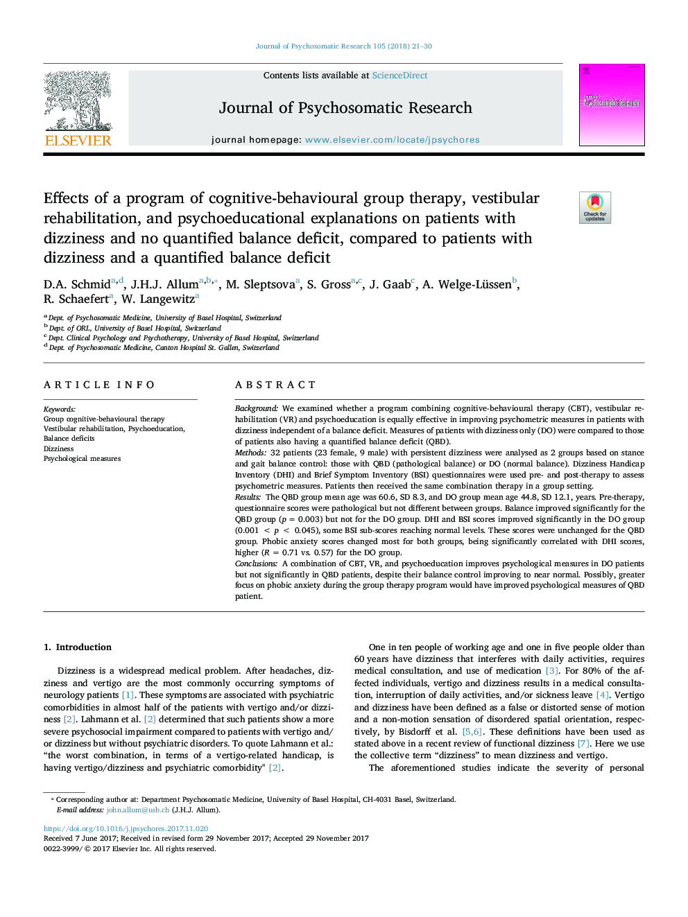 Effects of a program of cognitive-behavioural group therapy, vestibular rehabilitation, and psychoeducational explanations on patients with dizziness and no quantified balance deficit, compared to patients with dizziness and a quantified balance deficit