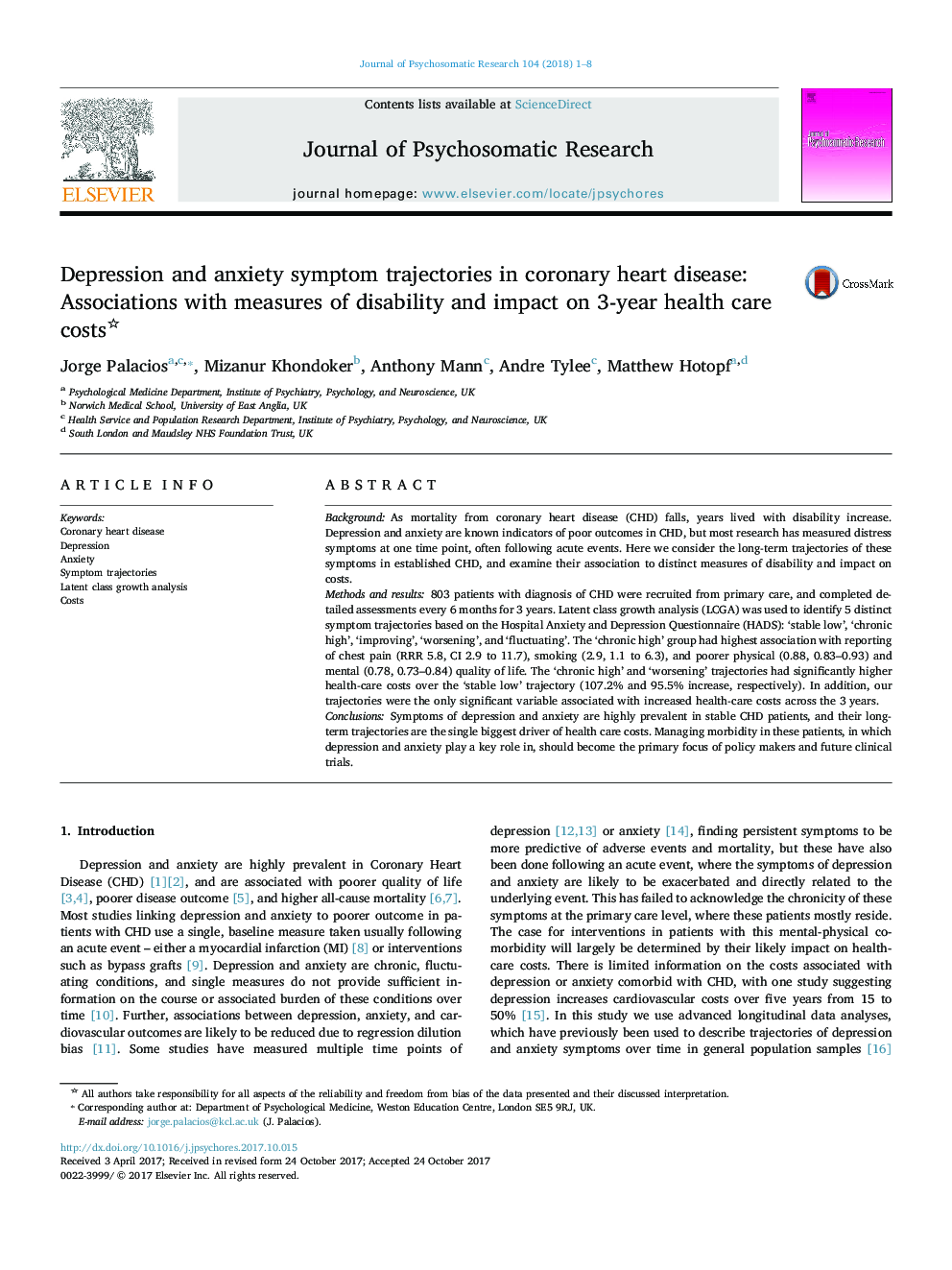 Depression and anxiety symptom trajectories in coronary heart disease: Associations with measures of disability and impact on 3-year health care costs