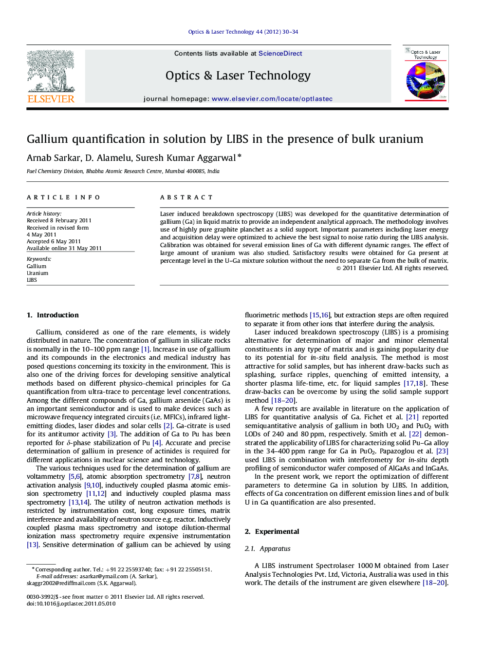 Gallium quantification in solution by LIBS in the presence of bulk uranium