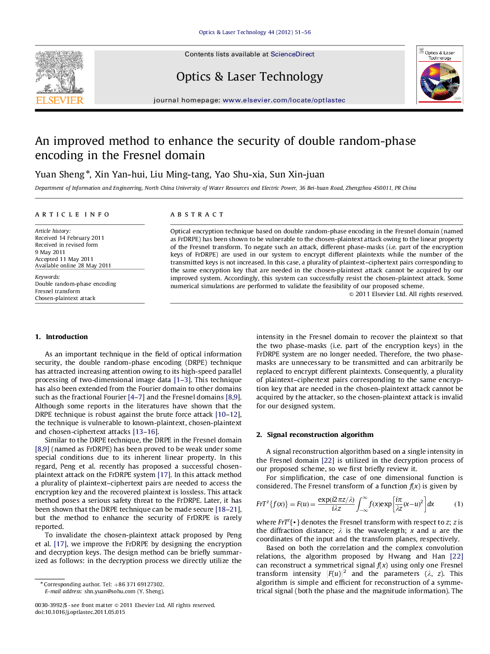 An improved method to enhance the security of double random-phase encoding in the Fresnel domain