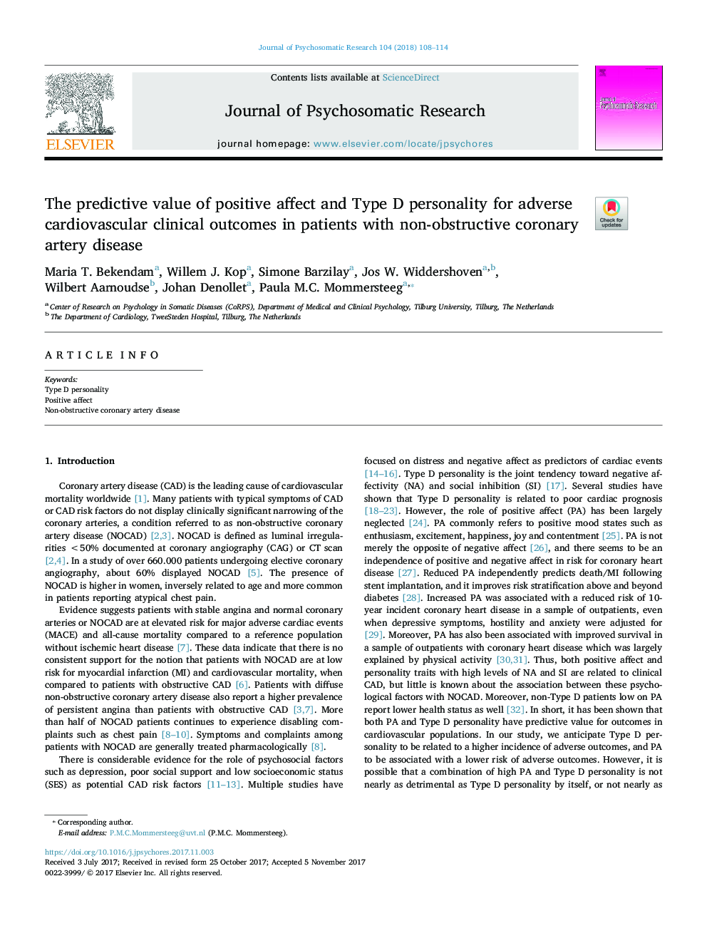 The predictive value of positive affect and Type D personality for adverse cardiovascular clinical outcomes in patients with non-obstructive coronary artery disease